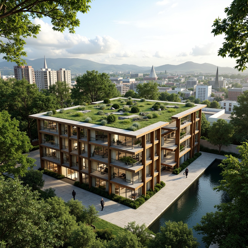 Prompt: Eco-friendly building, green roofs, solar panels, wind turbines, rainwater harvesting systems, recycled materials, energy-efficient windows, natural ventilation systems, organic gardens, vertical farming, living walls, urban agriculture, sustainable water management, grey water reuse systems, composting toilets, bamboo flooring, low-carbon concrete, triple-glazed facades, passive house design, climate-responsive architecture, biophilic design elements, abundant natural light, soft diffused lighting, 3/4 composition, realistic textures, ambient occlusion.