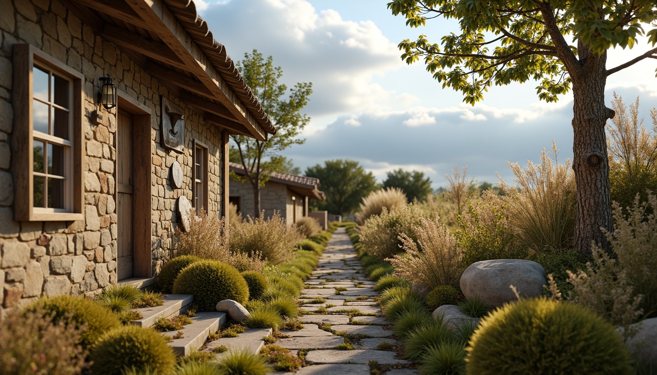 Prompt: Rustic rural landscape, earthy tones, warm beige, weathered wood accents, natural stone textures, vintage metal elements, distressed finishes, soft moss greenery, wildflower blooms, cloudy blue skies, warm golden lighting, shallow depth of field, 1/1 composition, intimate framing, realistic weathering effects.