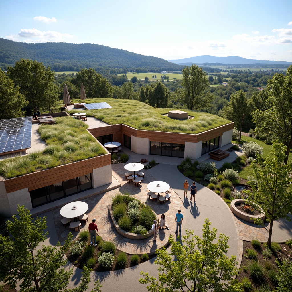 Prompt: Rustic visitor center, reclaimed wood accents, living green roofs, solar panels, wind turbines, rainwater harvesting systems, natural stone walls, earthy tones, organic shapes, curved lines, eco-friendly materials, recycled metal features, large overhangs, shaded outdoor spaces, misting systems, native plant species, wildflower gardens, scenic overlooks, panoramic views, warm soft lighting, shallow depth of field, 3/4 composition, realistic textures, ambient occlusion.