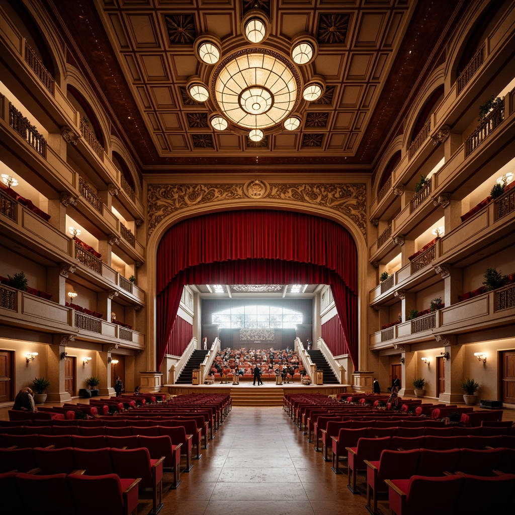 Prompt: Grand concert hall, elevated stage, plush red seats, ornate balconies, sweeping curves, luxurious chandeliers, high ceilings, excellent acoustics, tiered seating, dramatic spotlights, velvet curtains, wooden paneling, intricate moldings, majestic entrance, spacious lobby, grand staircase, polished marble floors, warm ambient lighting, shallow depth of field, 2/3 composition, realistic textures, subtle atmospheric effects.