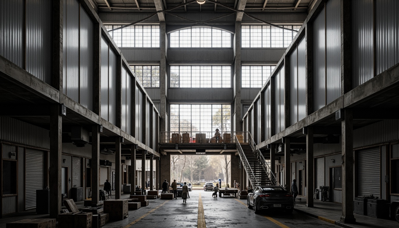 Prompt: Industrial factory building, large steel frames, repetitive fenestration patterns, metal cladding, corrugated roofs, rectangular shapes, minimalist design, functional simplicity, urban landscape, gritty textures, dramatic lighting, high contrast, shallow depth of field, 1/2 composition, symmetrical view, realistic materials, ambient occlusion.