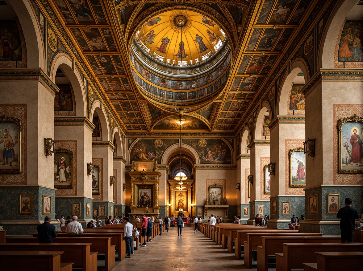 Prompt: Intricate Orthodox church, golden domes, ornate moldings, elaborate stone carvings, grand arches, vibrant mosaics, richly textured walls, ornamental capitals, elegant columns, sacred frescoes, mystical icons, soft warm lighting, shallow depth of field, 3/4 composition, panoramic view, realistic textures, ambient occlusion.