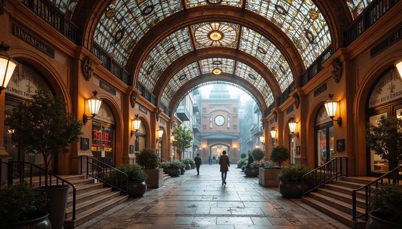 Prompt: Intricate ironwork, flowing organic lines, ornate ceramic tiles, grand entrance archways, sweeping staircases, stained glass ceilings, vibrant floral patterns, decorative metal lanterns, historic clock towers, luxurious wooden paneling, curved platform canopies, elegant signage, soft warm lighting, atmospheric mist, shallow depth of field, 1/2 composition, symmetrical framing, high-contrast textures, ambient occlusion.