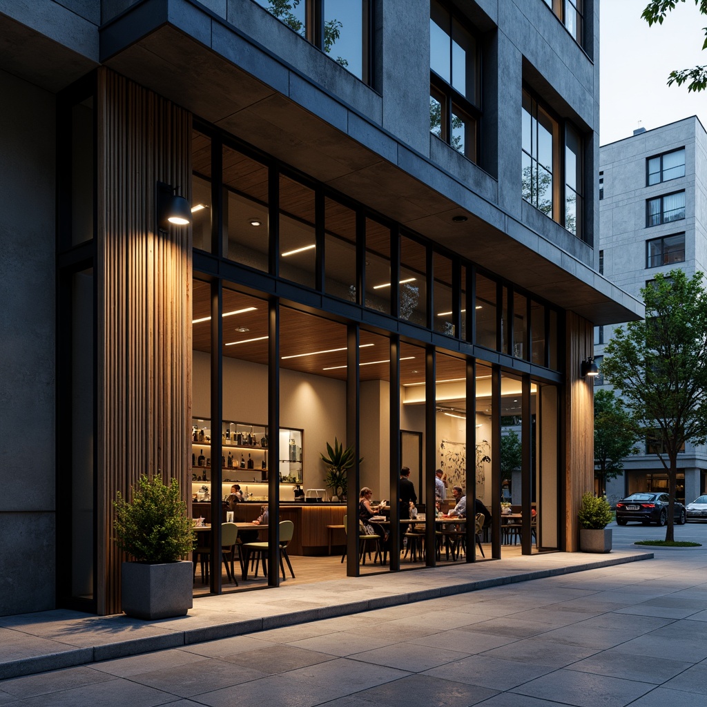 Prompt: Minimalist bar facade, industrial metal frames, reclaimed wood accents, neutral color palette, subtle lighting, minimalist signage, urban cityscape, evening atmosphere, soft warm glow, shallow depth of field, 3/4 composition, panoramic view, realistic textures, ambient occlusion.