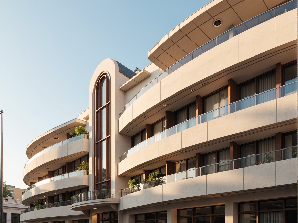 Prompt: Curved building facade, Art Deco inspiration, metallic materials, chrome accents, horizontal lines, minimal ornamentation, large windows, rounded corners, smooth stucco finish, pastel color palette, soft gradient effects, warm golden lighting, shallow depth of field, 1/1 composition, symmetrical arrangement, subtle reflections, ambient occlusion, elegant typography.