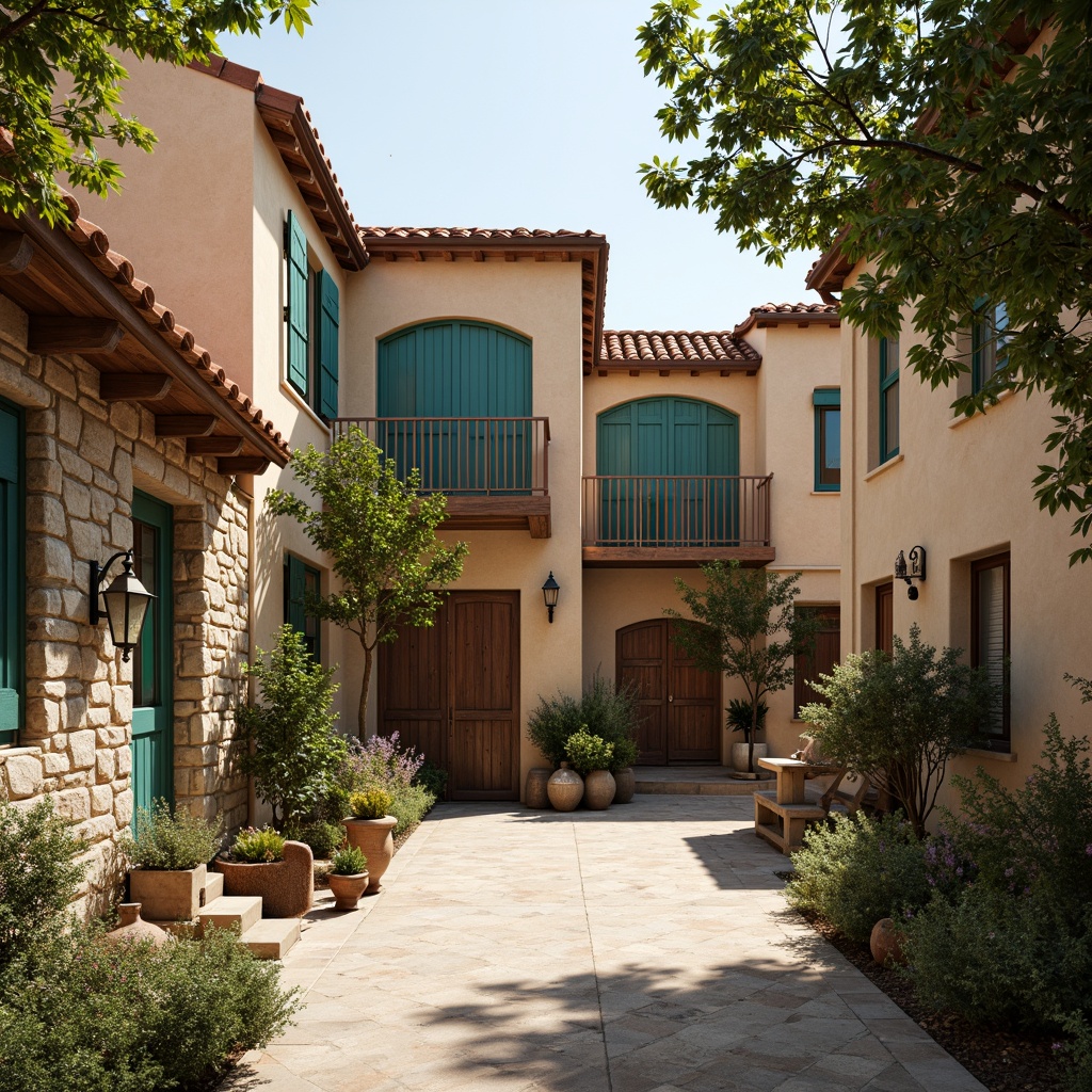 Prompt: Rustic village setting, earthy tones, natural materials, wooden accents, stone walls, terracotta roofs, vibrant turquoise shutters, warm beige stucco, distressed wood doors, ornate metalwork, lantern-inspired lighting, soft afternoon sun, shallow depth of field, 1/2 composition, realistic textures, ambient occlusion.