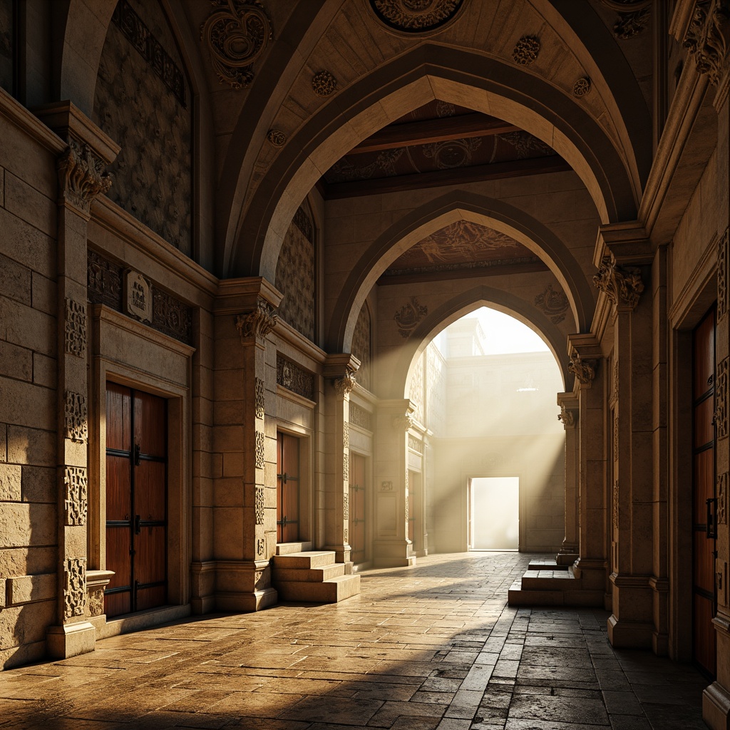 Prompt: Rustic stone walls, ornate carvings, medieval-inspired architecture, grandiose vaulted ceilings, dramatic archways, intricate column details, worn stone floors, rich tapestries, majestic wooden doors, heavy metal hinges, ornamental ironwork, subtle earth tones, warm golden lighting, atmospheric mist, cinematic composition, realistic normal mapping, high-contrast rendering.