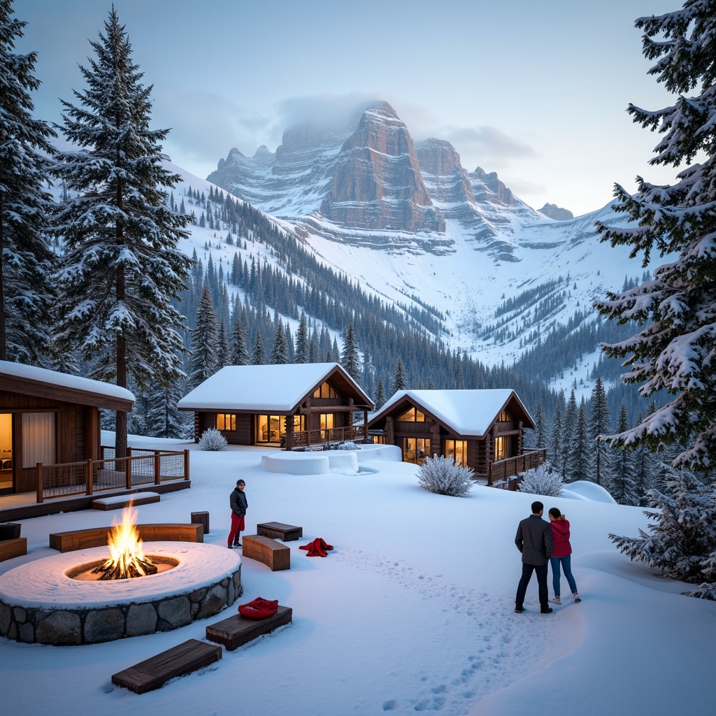 Prompt: Snow-capped mountains, icy slopes, frosty pine trees, winter sports equipment, rustic wooden lodges, cozy fireplaces, warm lighting, rich earth tones, crisp whites, deep blues, vibrant reds, metallic silvers, natural stone textures, frozen lake scenery, morning mist, soft focus, shallow depth of field, 1/1 composition, cinematic atmosphere, realistic snowflakes.