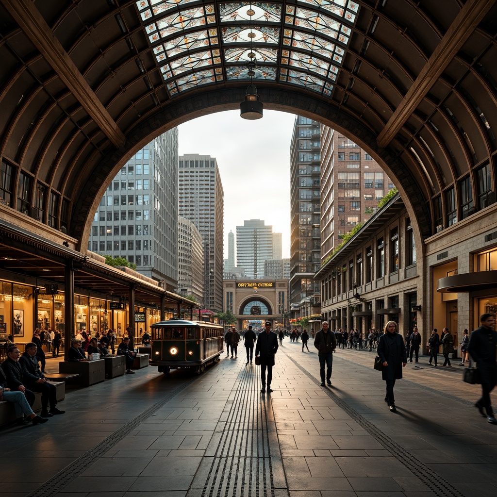 Prompt: Elegant urban train station, curved lines, ornate metalwork, stained glass ceilings, grand entrance halls, sweeping archways, vintage luggage carts, old-fashioned clock towers, bustling city streets, modern skyscrapers, busy pedestrian traffic, morning rush hour, soft warm lighting, shallow depth of field, 1/2 composition, realistic textures, ambient occlusion.