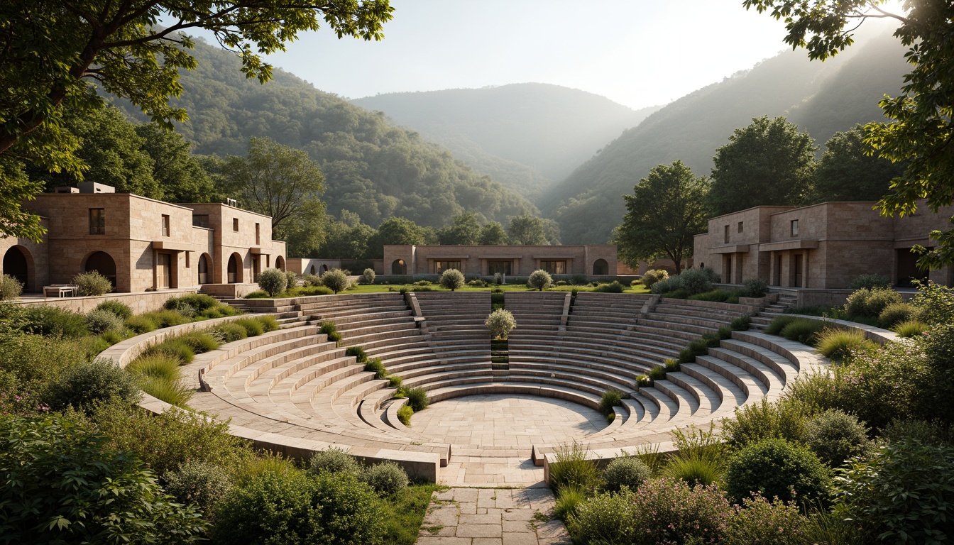 Prompt: Ancient Greek amphitheater, tiered seating, natural stone steps, open-air performance space, greenery surroundings, lush vegetation, misty morning atmosphere, warm sunny day, soft diffused lighting, shallow depth of field, 3/4 composition, panoramic view, realistic textures, ambient occlusion, curved architecture, arches and columns, rustic stone walls, wooden benches, minimal ornamentation, earthy color palette, breathable materials, clerestory windows, cross ventilation, stack effect, wind catchers, solar chimneys, passive cooling systems.