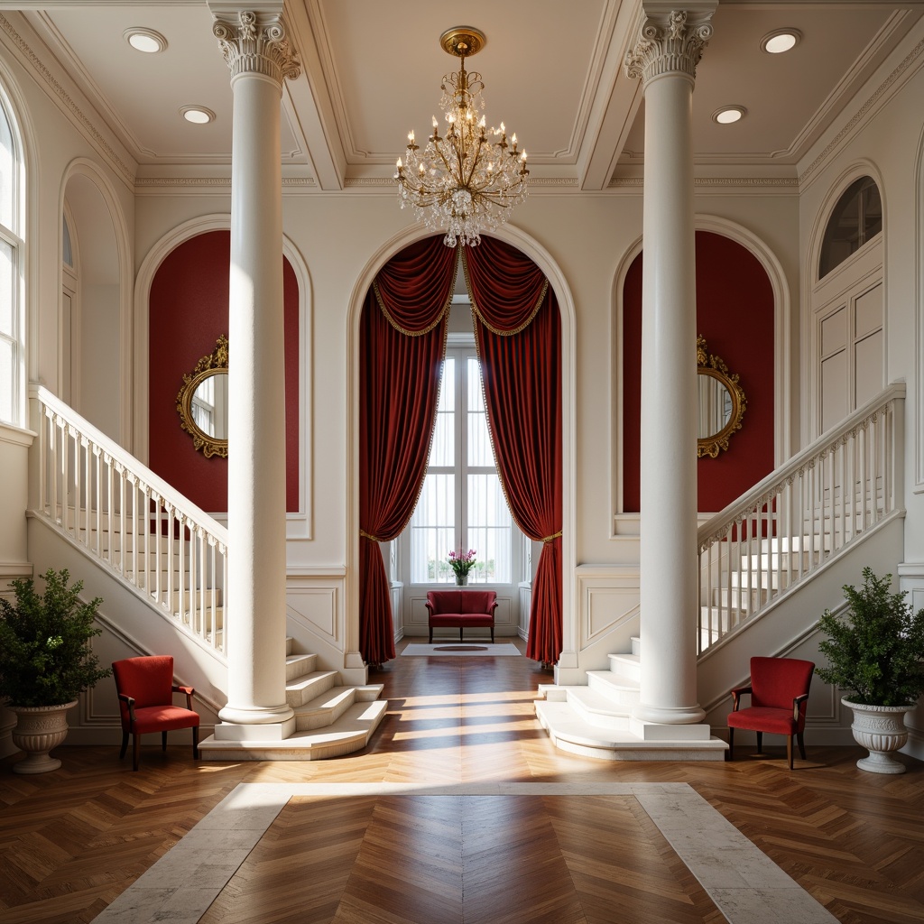 Prompt: Elegant neoclassical facade, white marble columns, ornate details, symmetrical composition, grand entrance, sweeping staircases, polished hardwood floors, intricate moldings, crystal chandeliers, luxurious velvet drapes, rich wood paneling, gilded accents, subtle color palette, soft warm lighting, shallow depth of field, 2/3 composition, ornate mirrors, classic furnishings, sophisticated ambiance.