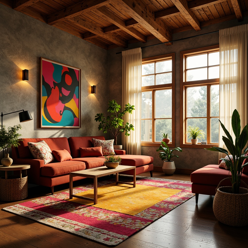 Prompt: Vibrant artistic studio, natural wood accents, earthy tone walls, eclectic furniture pieces, abstract artwork, bold colorful rugs, warm golden lighting, atmospheric misting effect, shallow depth of field, 3/4 composition, panoramic view, realistic textures, ambient occlusion.