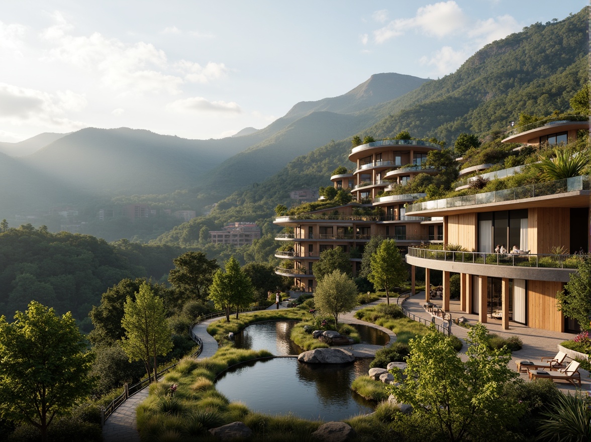 Prompt: Panoramic mountain views, lush green roofs, curved building lines, harmonious landscape integration, natural stone walls, wooden accents, cantilevered structures, minimal environmental impact, sustainable materials, energy-efficient systems, organic architecture, seamless transitions, indoor-outdoor connections, expansive windows, sliding glass doors, serene water features, native plant species, meandering walkways, rustic outdoor furniture, warm afternoon light, soft misty atmosphere, 1/2 composition, atmospheric perspective, realistic textures, ambient occlusion.