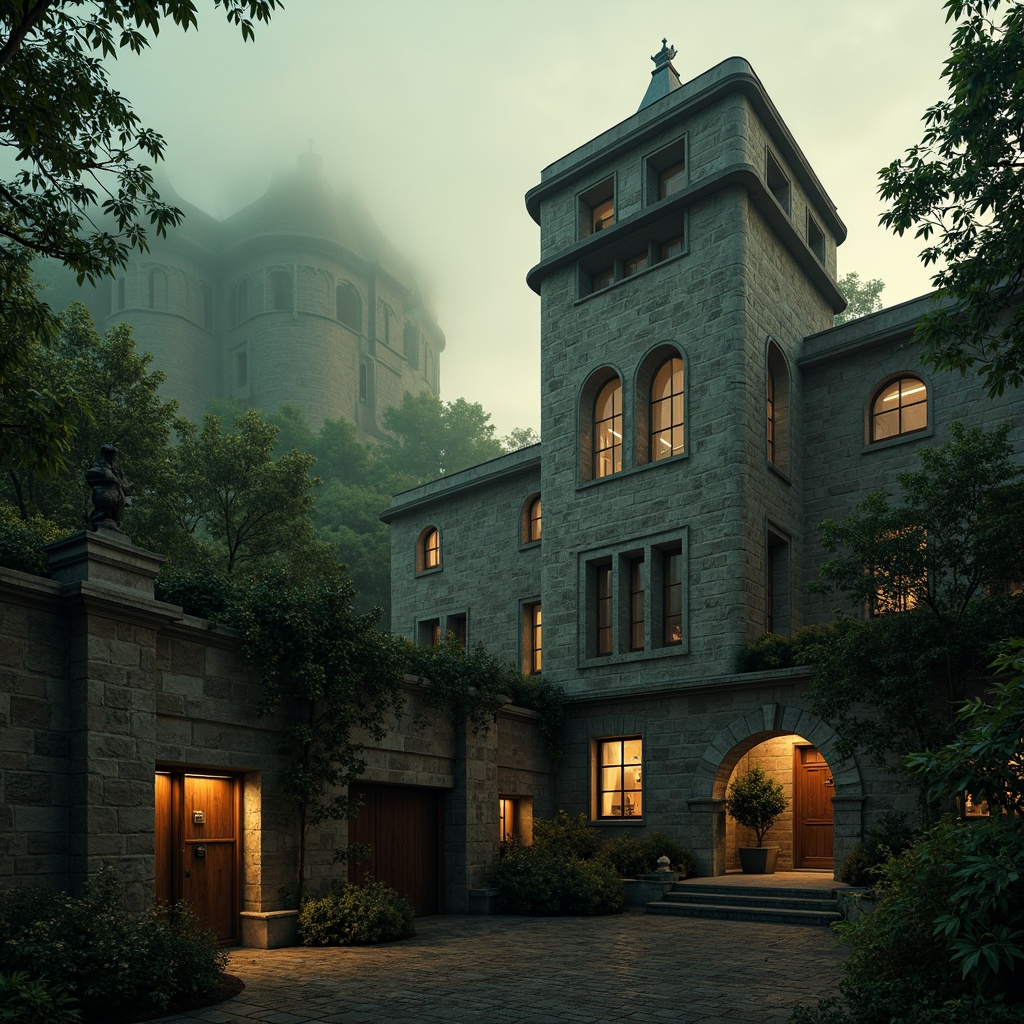 Prompt: Majestic watchtowers, rugged stone walls, mystical ancient architecture, warm golden lighting, soft misty atmosphere, eerie twilight skies, mysterious forest surroundings, overgrown vines, worn wooden doors, intricate ironwork, rustic earthy tones, weathered stone textures, atmospheric fog, dramatic high contrast, cinematic composition, symmetrical framing, vivid color grading.