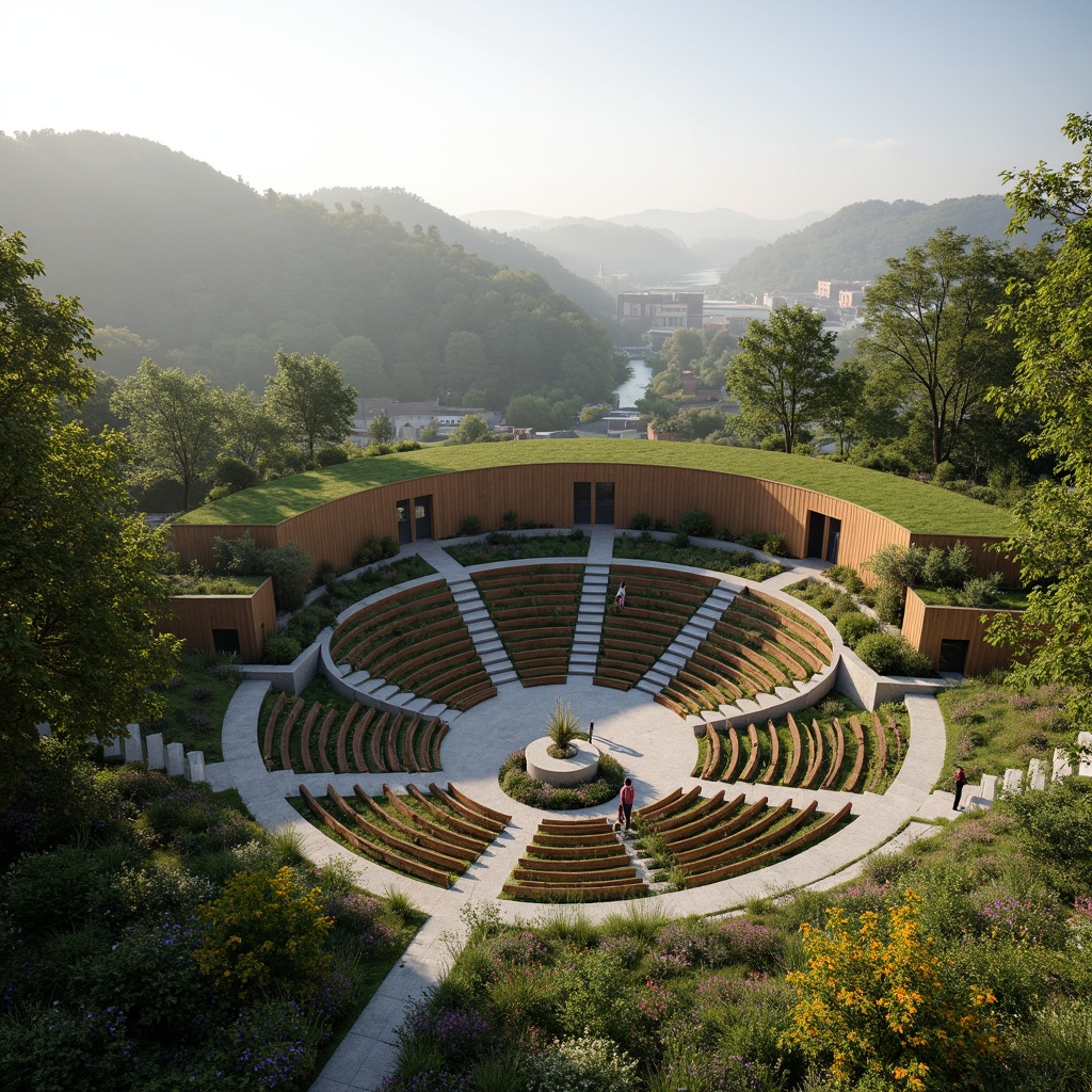 Prompt: Amphitheater-shaped building, green roofs, lush vegetation, natural stone walls, wooden benches, open-air performance space, curved staircases, panoramic views, surrounding hills, misty morning atmosphere, soft warm lighting, shallow depth of field, 3/4 composition, realistic textures, ambient occlusion, sustainable materials, renewable energy systems, rainwater harvesting, grey water reuse, innovative waste management, eco-friendly landscape design, native plant species, vibrant colorful flowers, meandering walking paths.