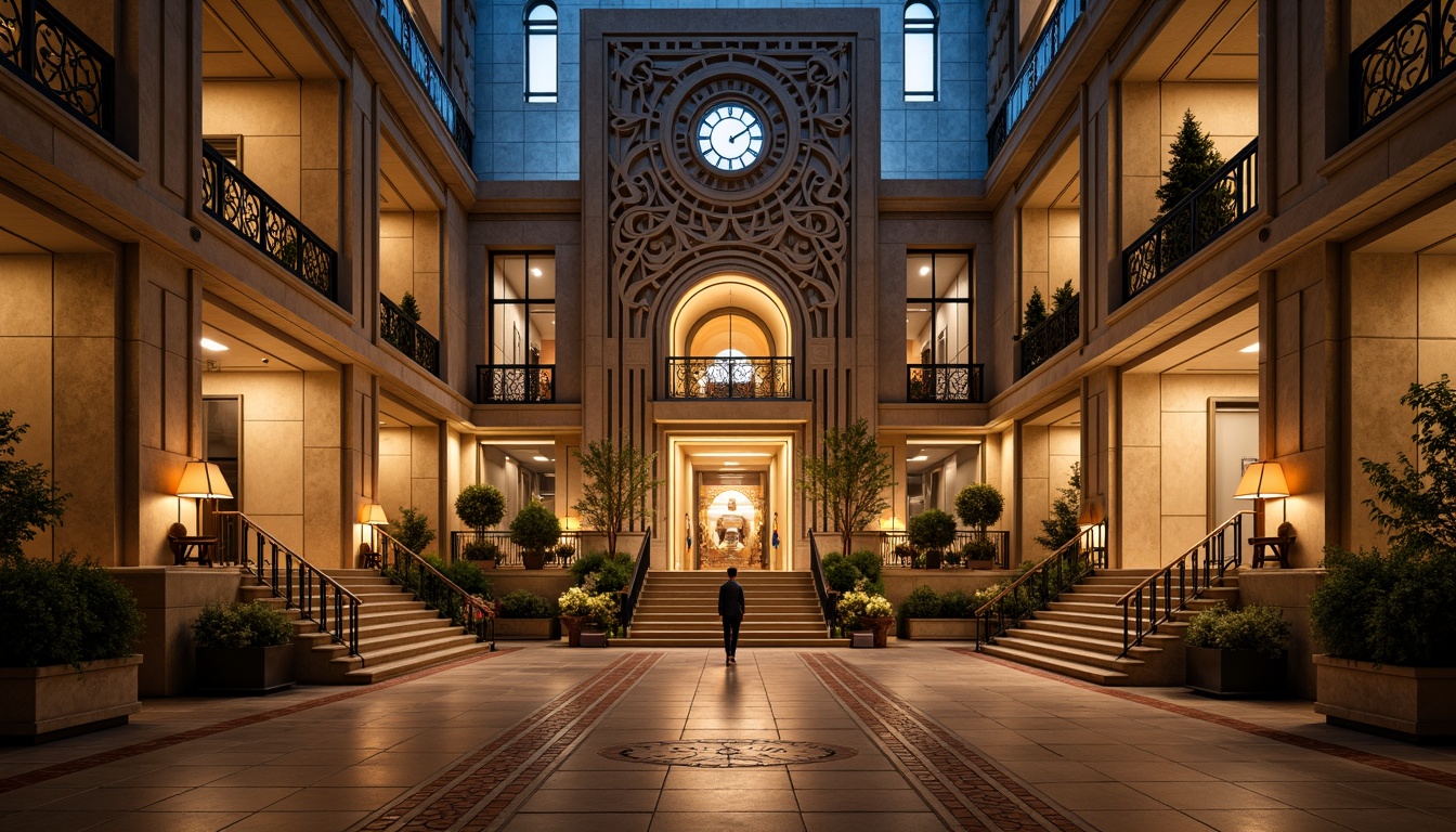 Prompt: Grand courthouse building, ornate facade details, geometric Art Deco patterns, metallic accents, symmetrical composition, grand entrance staircase, intricately carved stone walls, polished granite floors, ornamental metal railings, elegant clock tower, dramatic nighttime lighting, warm golden illumination, shallow depth of field, 1/1 composition, realistic textures, ambient occlusion.