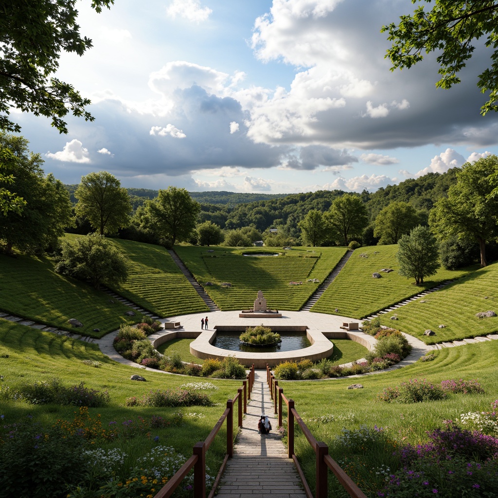 Prompt: Seamless amphitheater integration, lush green hills, gentle slopes, natural stone seating, wooden railings, curved walkways, vibrant flower beds, tranquil water features, soft grassy lawns, serene forest backdrop, warm sunny day, dramatic cloud formations, shallow depth of field, 3/4 composition, panoramic view, realistic textures, ambient occlusion.