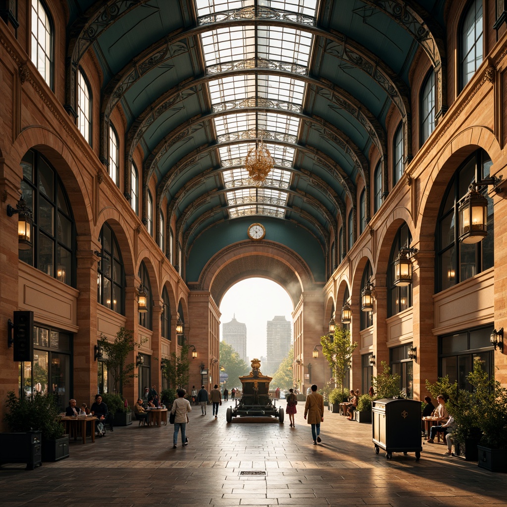 Prompt: Grandiose cityscape, ornate train station, flowing organic lines, curved ironwork, stained glass canopies, mosaic tile floors, lavish chandeliers, intricate wooden paneling, vintage luggage carts, antique clock towers, bustling urban activity, morning commute, warm golden lighting, shallow depth of field, 2/3 composition, symmetrical framing, realistic textures, ambient occlusion.