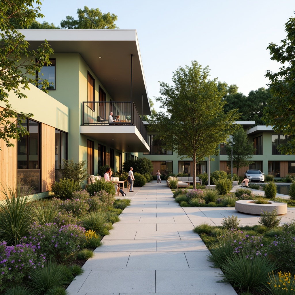 Prompt: Welcoming rehabilitation center facade, calming natural materials, soothing green walls, large windows, transparent glass doors, warm wooden accents, inviting entranceways, accessible ramps, serene landscaping, lush gardens, vibrant flowers, peaceful water features, gentle outdoor seating, modern minimalist architecture, clean lines, simple forms, neutral color palette, subtle textures, soft warm lighting, shallow depth of field, 3/4 composition, realistic rendering.