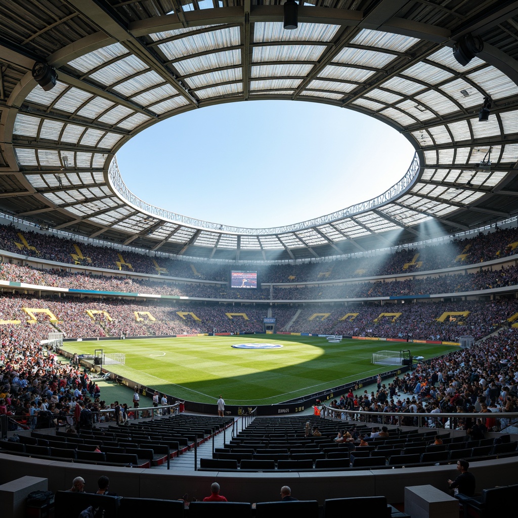 Prompt: Futuristic soccer stadium, curved dynamic rooflines, translucent membrane materials, solar panel integration, cantilevered upper tiers, sleek metallic structures, angular support beams, vibrant team color accents, retractable roofs, natural ventilation systems, atmospheric lighting effects, dramatic shading devices, 3/4 composition, panoramic views, realistic textures, ambient occlusion.