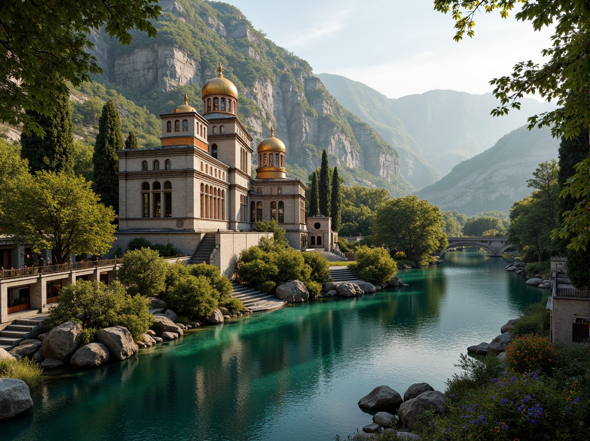 Prompt: Majestic Byzantine monastery, rugged mountainous terrain, serene turquoise waters, lush green forests, ancient stone walls, intricate mosaics, golden domes, ornate carvings, mystical ambiance, warm golden lighting, shallow depth of field, 3/4 composition, panoramic view, realistic textures, ambient occlusion, weathered stone pathways, rustic wooden bridges, vibrant wildflowers, misty atmospheric effects.