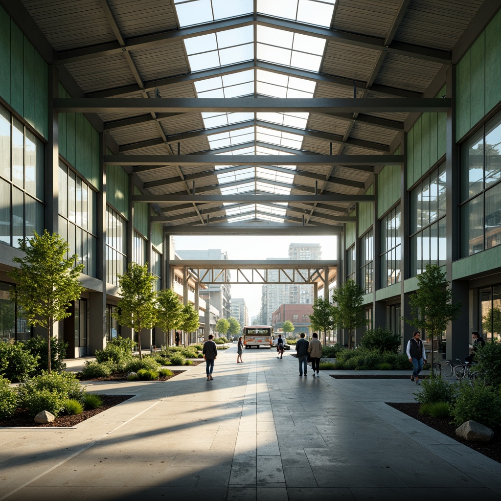 Prompt: Vibrant bus station, modern architecture, large skylights, clerestory windows, natural light pouring in, airy atmosphere, sleek metal beams, polished concrete floors, green walls, lush vegetation, urban landscape, cityscape views, morning sunlight, warm glow, soft shadows, shallow depth of field, 3/4 composition, panoramic view, realistic textures, ambient occlusion.