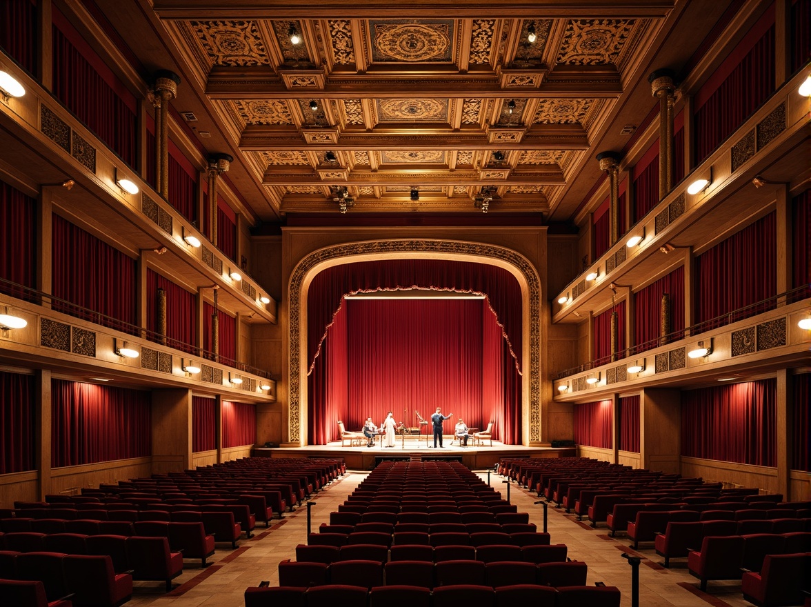 Prompt: Grand concert hall, ornate wooden panels, rich velvet curtains, plush red seats, intricate ceiling patterns, sweeping archways, majestic chandeliers, polished marble floors, acoustic sound diffusers, tiered seating arrangements, dramatic spotlighting, warm golden lighting, shallow depth of field, 2/3 composition, realistic textures, ambient occlusion.