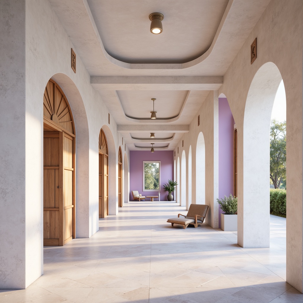 Prompt: Soft lilac hues, pastel lavender accents, creamy whites, warm beige tones, natural wood textures, elegant archways, ornate ironwork, sophisticated modern architecture, expansive open spaces, floor-to-ceiling windows, minimal ornamentation, subtle gradient effects, soft focus, shallow depth of field, 2/3 composition, atmospheric perspective, realistic rendering.