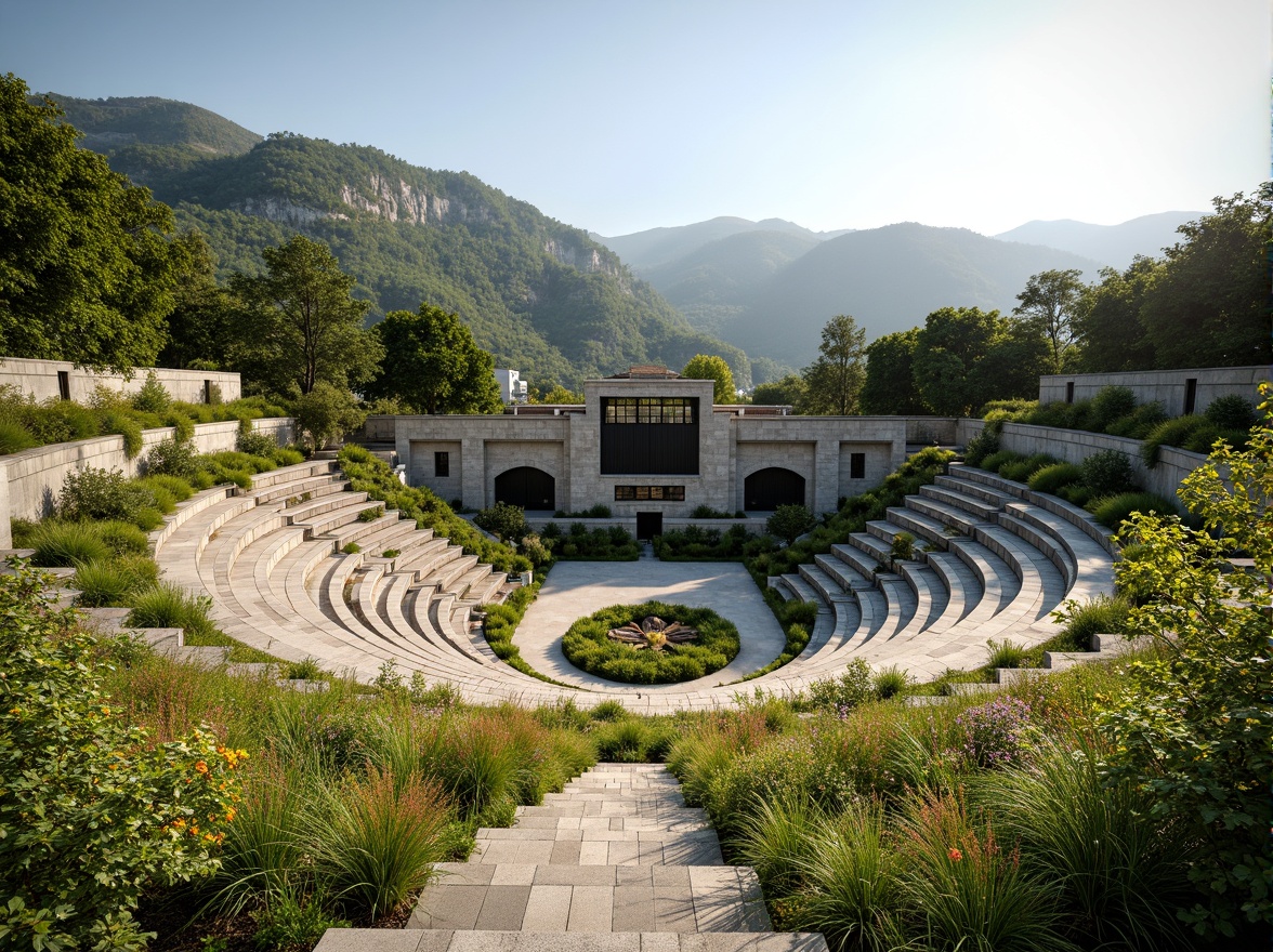 Prompt: Amphitheater site, lush green hillside, natural stone seating, curved architecture, sustainable design, eco-friendly materials, recycled concrete, living roofs, rainwater harvesting systems, solar panels, wind turbines, green walls, native plant species, vibrant wildflowers, sunny day, soft warm lighting, shallow depth of field, 3/4 composition, panoramic view, realistic textures, ambient occlusion.