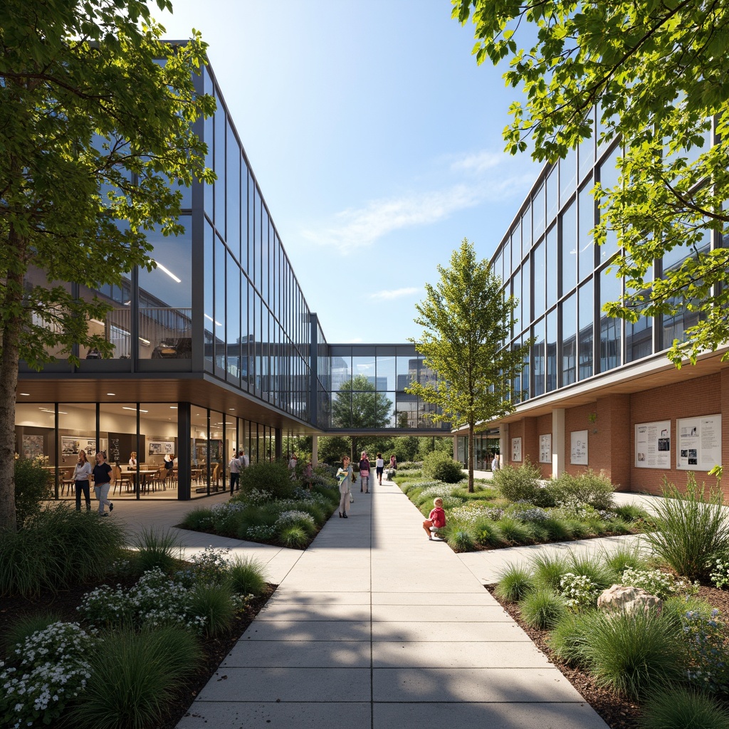 Prompt: Transparent community center, open-air atrium, cantilevered rooflines, minimal ornamentation, exposed ductwork, polished concrete floors, steel beams, abundant natural light, social gathering spaces, community bulletin boards, public art installations, urban park surroundings, lush greenery, walking paths, sunny day, soft warm lighting, shallow depth of field, 3/4 composition, panoramic view, realistic textures, ambient occlusion.