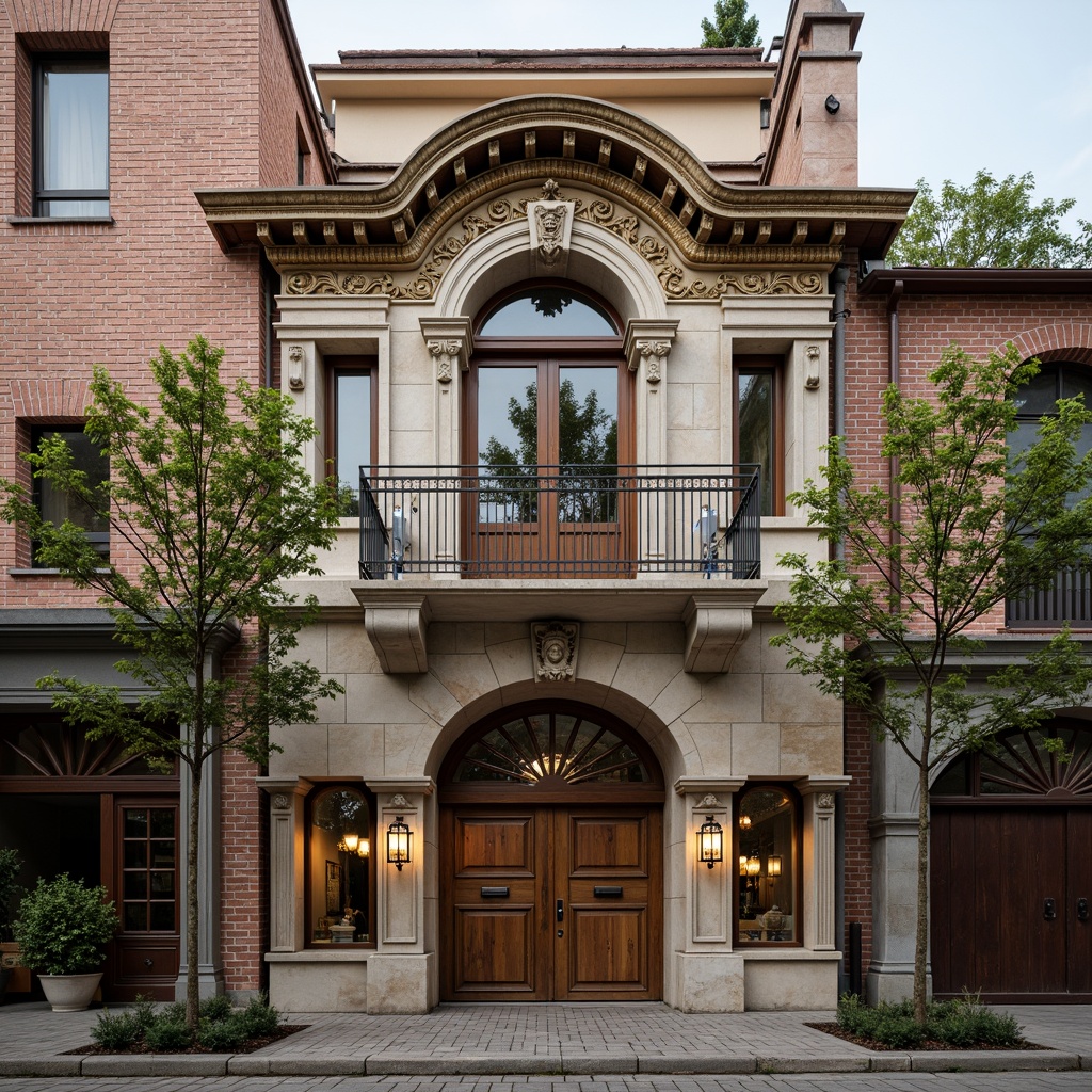 Prompt: Ornate Renaissance-style buildings, carved stone facades, grand archways, ornamental columns, intricate moldings, gilded accents, rustic brickwork, terracotta roofing, decorative cornices, symmetrical composition, classical proportions, richly textured stonework, weathered bronze door handles, stained glass windows, warm soft lighting, shallow depth of field, 2/3 composition, atmospheric perspective, highly detailed textures, subtle ambient occlusion.