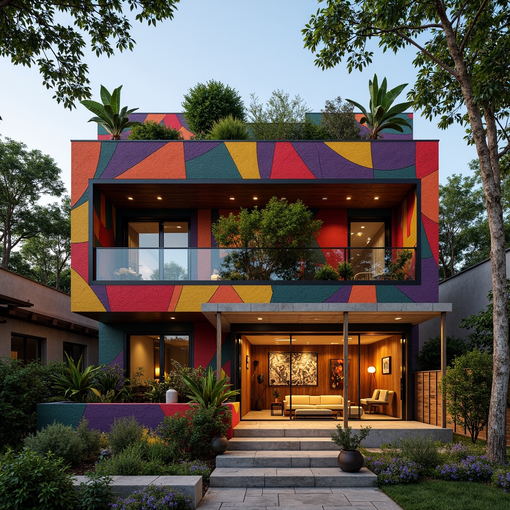 Prompt: Vibrant textile-infused houses, fusion architecture style, eclectic mix of materials, bold color blocking, intricate pattern overlays, luxurious fabrics, plush furnishings, statement walls, modern minimalism, industrial chic accents, reclaimed wood elements, metallic highlights, natural stone foundations, lush green roofs, overflowing plants, warm ambient lighting, dramatic shadows, 1/1 composition, soft focus blur, atmospheric perspective.