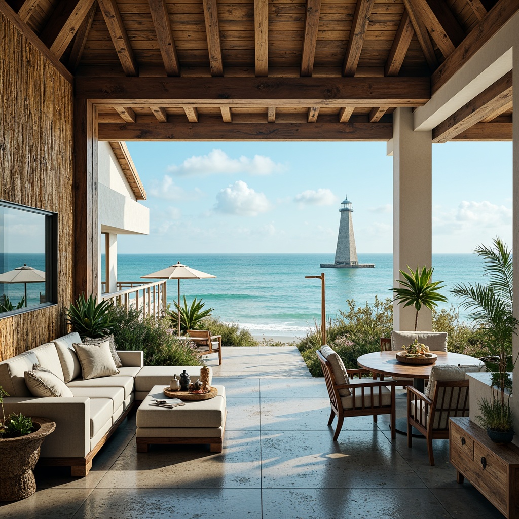 Prompt: Seaside villa, oceanfront property, driftwood accents, coral-inspired walls, turquoise water features, wave-patterned flooring, sea-salt scented ambiance, nautical rope details, sailboat-inspired decor, lighthouse views, crashing waves soundtrack, soft ocean breeze, warm sandy tones, beachy textiles, distressed wood finishes, weathered metal fixtures, glass-enclosed balconies, panoramic coastal vistas, 1/2 composition, soft focus effect, realistic water simulations.