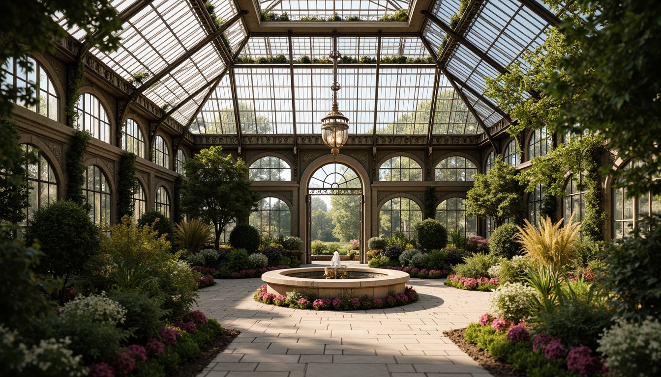 Prompt: Grandiose greenhouse, ornate ironwork, lush greenery, vibrant flowers, delicate glass panels, intricate stone carvings, Rococo-inspired decorations, grand entrance archways, ornamental fountains, natural stone pathways, rustic wooden doors, elegant lanterns, soft warm lighting, shallow depth of field, 3/4 composition, realistic textures, ambient occlusion.