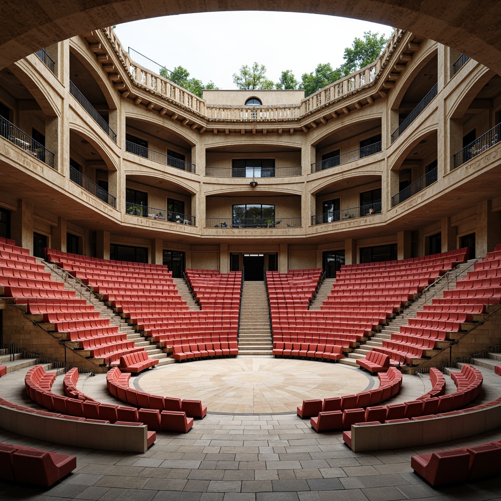 Prompt: Tiered seating, grand amphitheater, ancient Greek architecture, curved rows, comfortable cushioning, vibrant color schemes, ornate metal railings, elegant staircases, natural stone flooring, imposing columns, majestic arches, soft warm lighting, shallow depth of field, 3/4 composition, panoramic view, realistic textures, ambient occlusion.