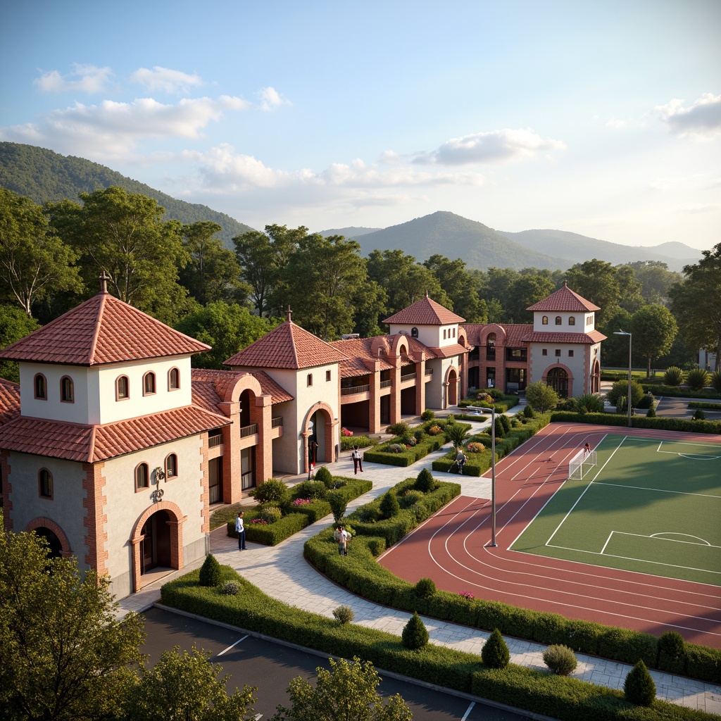 Prompt: Renaissance-style sports field architecture, ornate stone facades, grand arches, classical columns, rustic brick walls, terracotta roof tiles, decorative cornices, ornamental metalwork, grandiose entrance gates, lush greenery, vibrant flowers, athletic track lanes, soccer goals, tennis courts, basketball hoops, spectator seating areas, natural stone walkways, elegant lamp posts, warm sunny day, soft warm lighting, shallow depth of field, 3/4 composition, realistic textures, ambient occlusion.