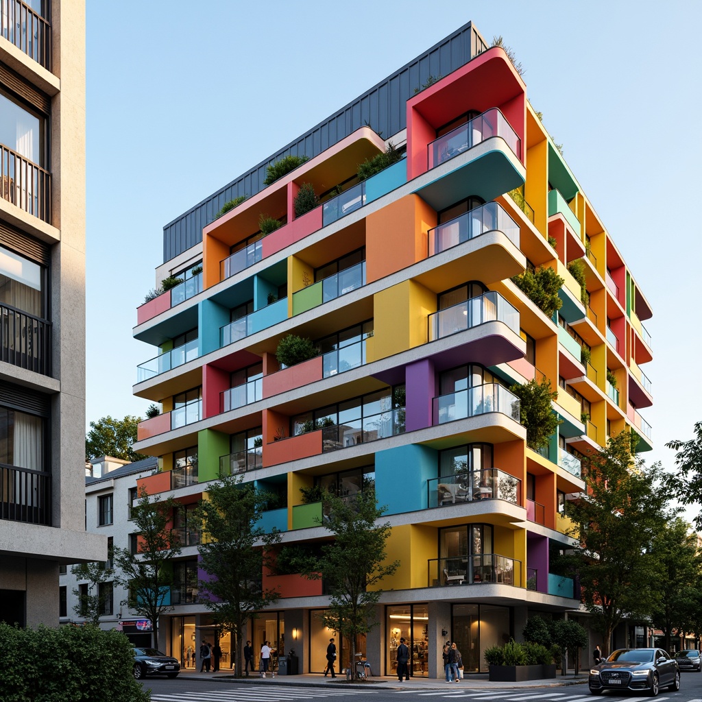 Prompt: Vibrant social housing facade, dynamic angular lines, bold color blocking, modern gymnasium architecture, cantilevered balconies, floor-to-ceiling windows, transparent glass railings, textured concrete walls, metallic accents, green roofs, vertical gardens, urban cityscape, morning sunlight, soft shadows, shallow depth of field, 1/1 composition, realistic textures, ambient occlusion.