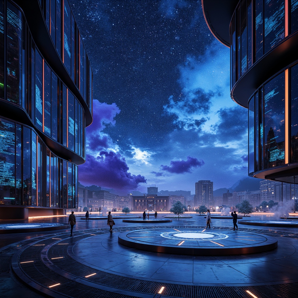 Prompt: Celestial planetarium, futuristic metabolism architecture, iridescent bioluminescent hues, shimmering aurora borealis, nebula-inspired gradients, glowing neon accents, dark blues and purples, metallic silver reflections, holographic projections, ambient occlusion, soft glow lighting, atmospheric mist, 3D geometric patterns, fractal textures, space-age materials, translucent glass facades, undulating curves, parametric design, algorithmic structures, cyberpunk-inspired aesthetic, starry night sky, immersive experience, 360-degree panoramic view.