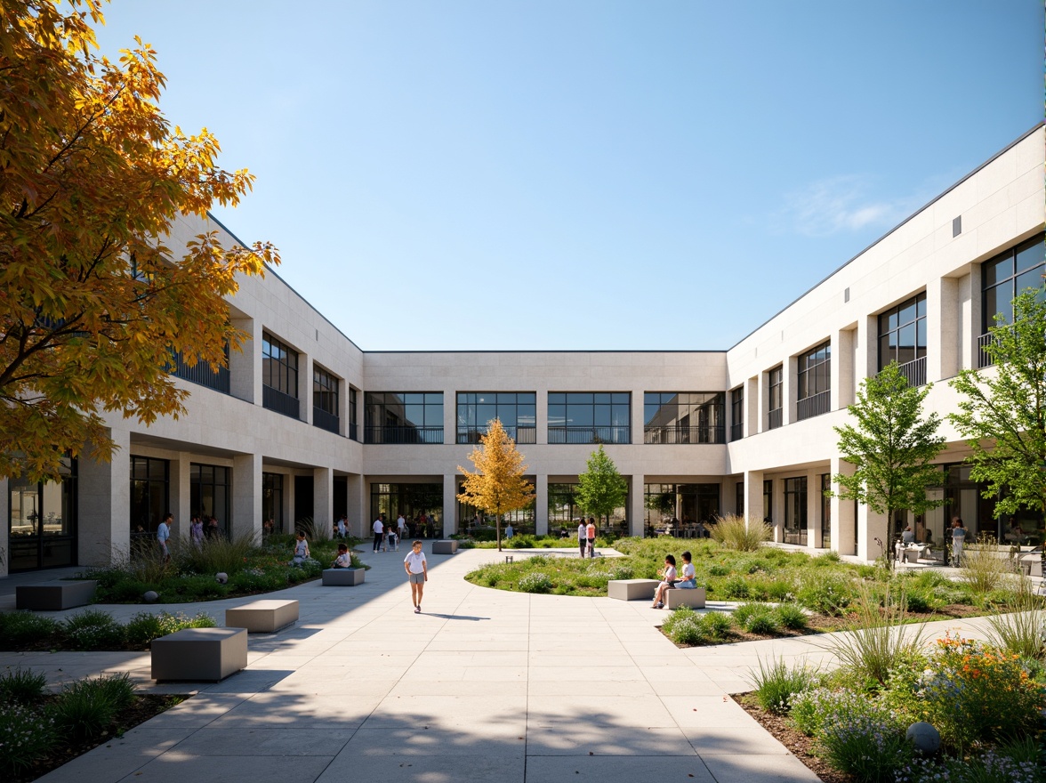 Prompt: Streamlined modern middle school facade, horizontal lines, rectangular shapes, large windows, sliding glass doors, aluminum frames, neutral color scheme, subtle textures, flat roofs, cantilevered canopies, open courtyard, lush greenery, vibrant flowers, educational signage, natural stone walkways, steel benches, sunny day, soft warm lighting, shallow depth of field, 3/4 composition, realistic materials, ambient occlusion.