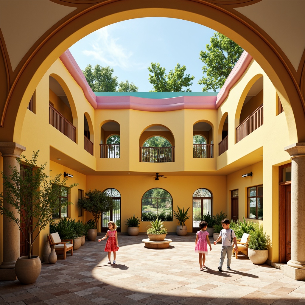 Prompt: Vibrant kindergarten, playful Art Nouveau architecture, whimsical curved lines, ornate decorations, bright color palette, warm yellow walls, soft pink accents, sky blue ceilings, emerald green columns, creamy white arches, intricate floral patterns, organic shapes, natural textures, rustic wooden doors, decorative metal fixtures, stained glass windows, sunny day, soft diffused lighting, shallow depth of field, 1/2 composition, close-up shot, realistic renderings, ambient occlusion.