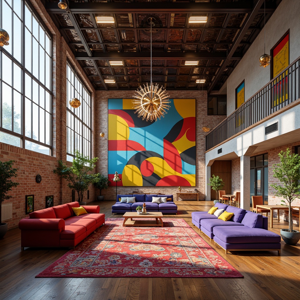 Prompt: Vibrant gymnasium interior, eclectic style homes, bold color schemes, mixed patterned rugs, industrial metal beams, reclaimed wood accents, distressed brick walls, ornate chandeliers, plush sectional sofas, vibrant artwork, modern abstract sculptures, floor-to-ceiling windows, natural light pouring in, warm cozy atmosphere, soft warm lighting, 3/4 composition, shallow depth of field, realistic textures, ambient occlusion.