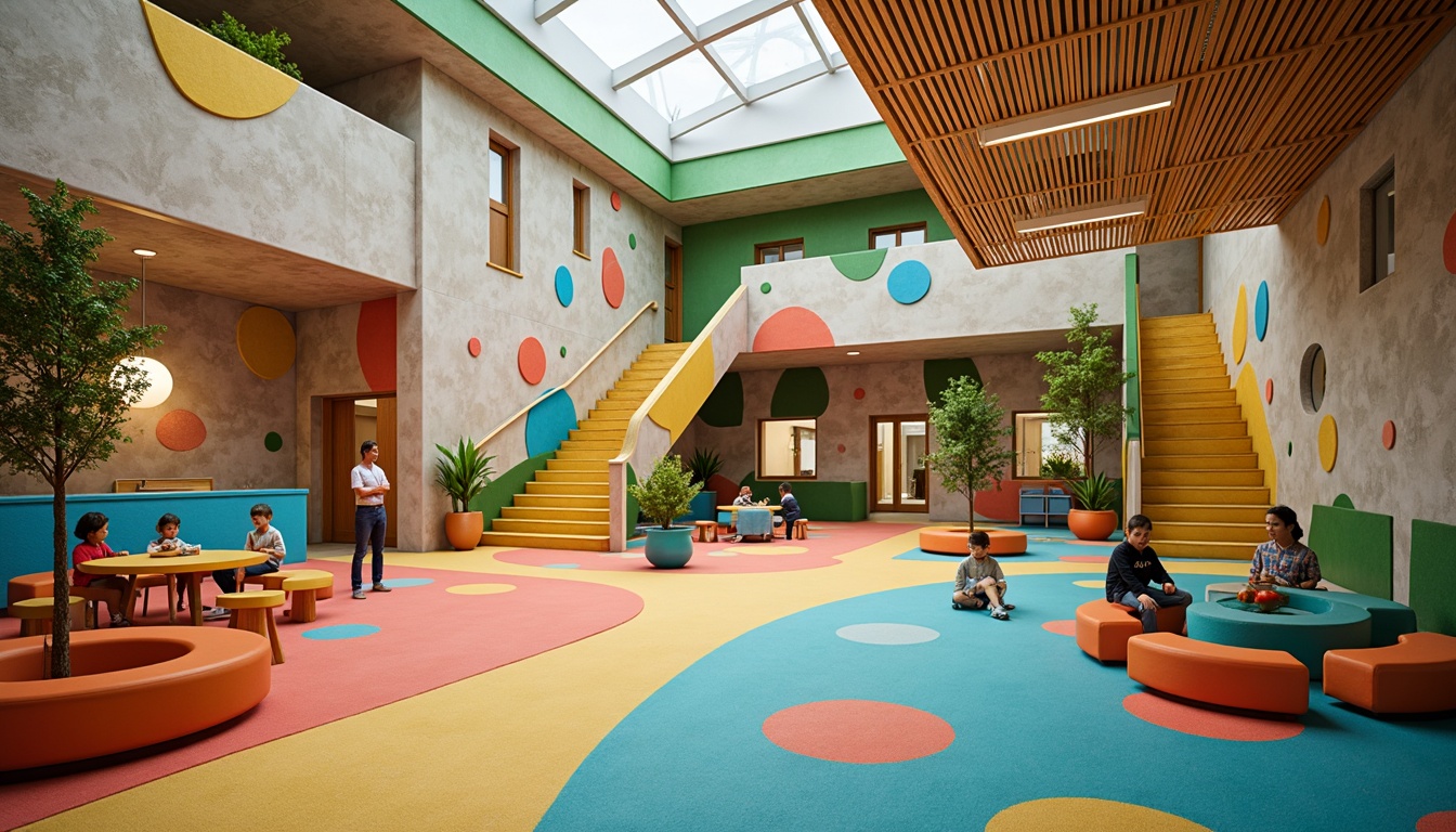 Prompt: Vibrant educational institution, bold primary colors, bright pastel hues, whimsical murals, eclectic patterns, irregular shapes, playful staircases, winding corridors, natural wood accents, earthy tones, verdant green walls, abstract sculptures, textured concrete, dynamic lighting, warm atmosphere, shallow depth of field, 1/2 composition, soft focus, ambient occlusion.