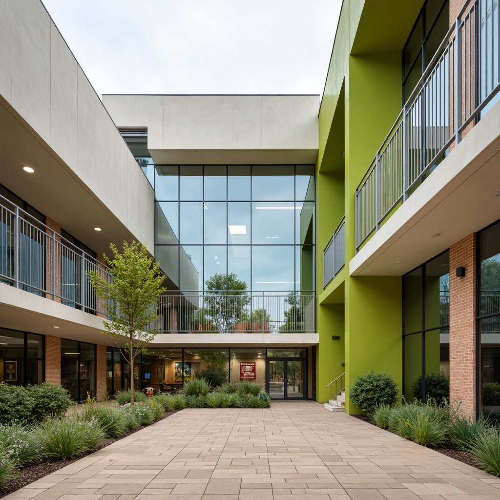 Prompt: Streamlined modern middle school facade, curved lines, minimalist design, large glass windows, metal frames, cantilevered rooflines, open courtyard, vibrant green walls, educational signage, stainless steel railings, sleek door handles, natural stone floors, warm beige tones, soft diffused lighting, shallow depth of field, 3/4 composition, realistic textures, ambient occlusion.