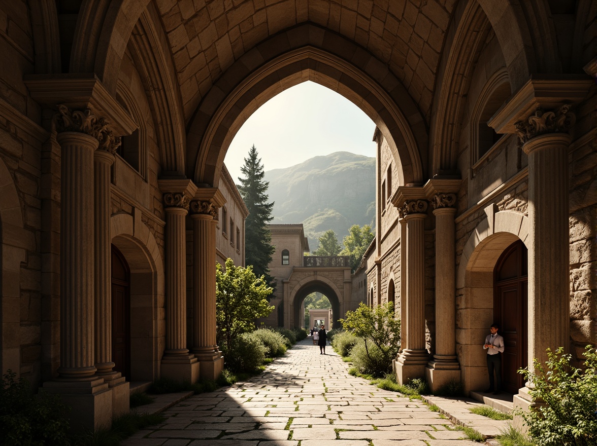 Prompt: Romanesque archway, grand entrance, stone columns, ornate carvings, ribbed vaults, rounded arches, rustic stonework, earthy tones, natural lighting, dramatic shadows, mystical ambiance, medieval inspiration, ancient ruins, weathered stones, crumbling walls, overgrown vegetation, warm afternoon light, soft focus, atmospheric perspective, cinematic composition.