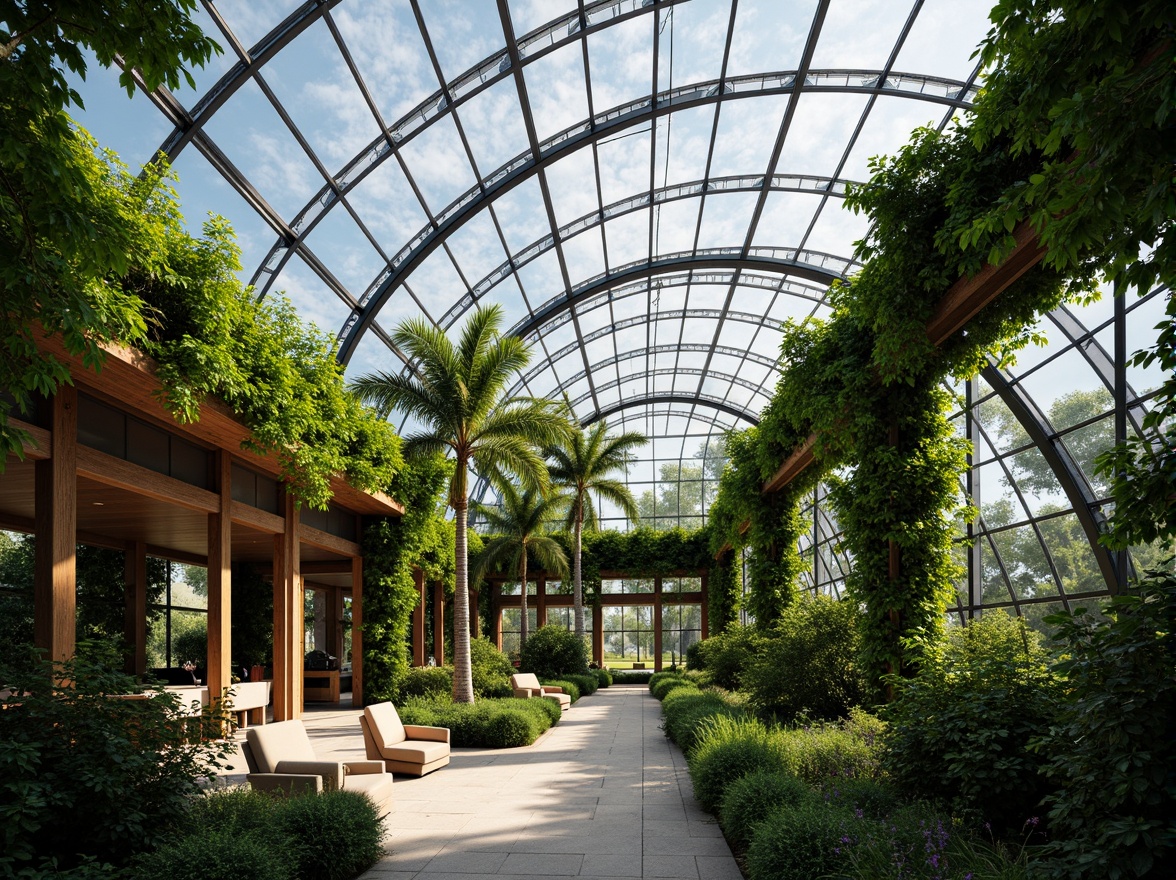 Prompt: Lush greenery, abundant flora, transparent glass roof, clerestory windows, skylights, reflective interior surfaces, prismatic diffusers, optimized solar orientation, curved lines, minimalist framework, metal beams, wooden accents, natural stone flooring, earthy color palette, soft warm lighting, shallow depth of field, 3/4 composition, panoramic view, realistic textures, ambient occlusion.