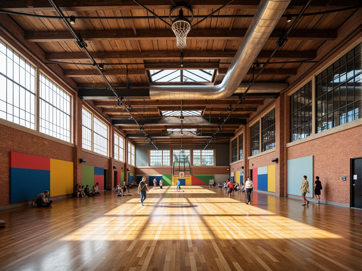 Prompt: Vibrant gymnasium interior, eclectic architectural style, exposed industrial ductwork, polished wooden floors, rustic brick walls, large windows, clerestory lighting, natural ventilation systems, open ceiling structures, suspended athletic equipment, colorful accent walls, dynamic LED lighting, abstract geometric patterns, modern minimalist decor, warm earthy tones, soft diffused light, shallow depth of field, 2/3 composition, panoramic view, realistic textures, ambient occlusion.