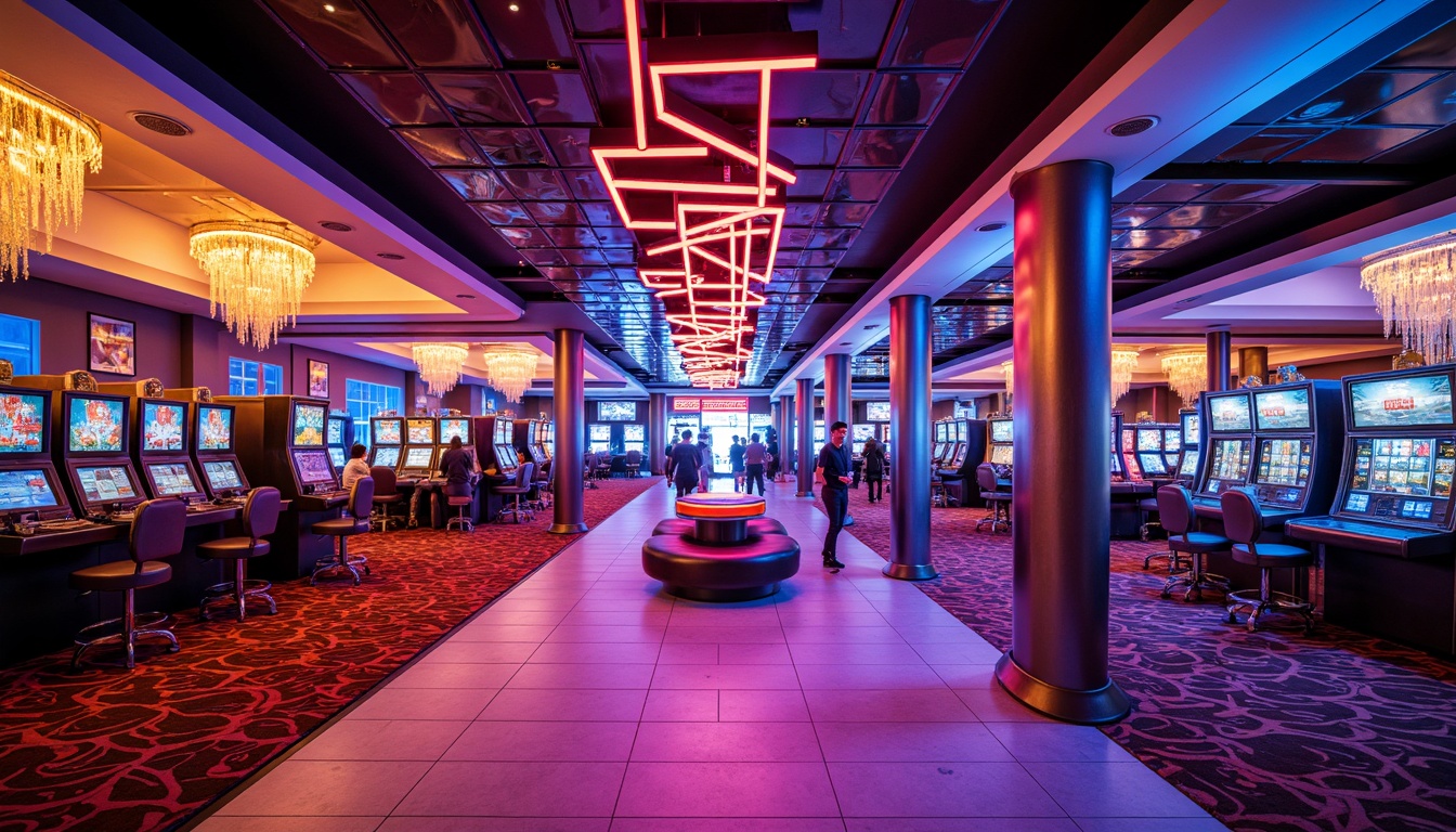 Prompt: Vibrant casino interior, geometric shapes, constructivist architecture, neon light installations, futuristic chandeliers, metallic accents, bold color schemes, dynamic patterns, zigzag motifs, chevron textures, hexagonal tiles, angular columns, symmetrical compositions, high-contrast lighting, dramatic shadows, 1/1 aspect ratio, sharp focus, realistic reflections, ambient occlusion.