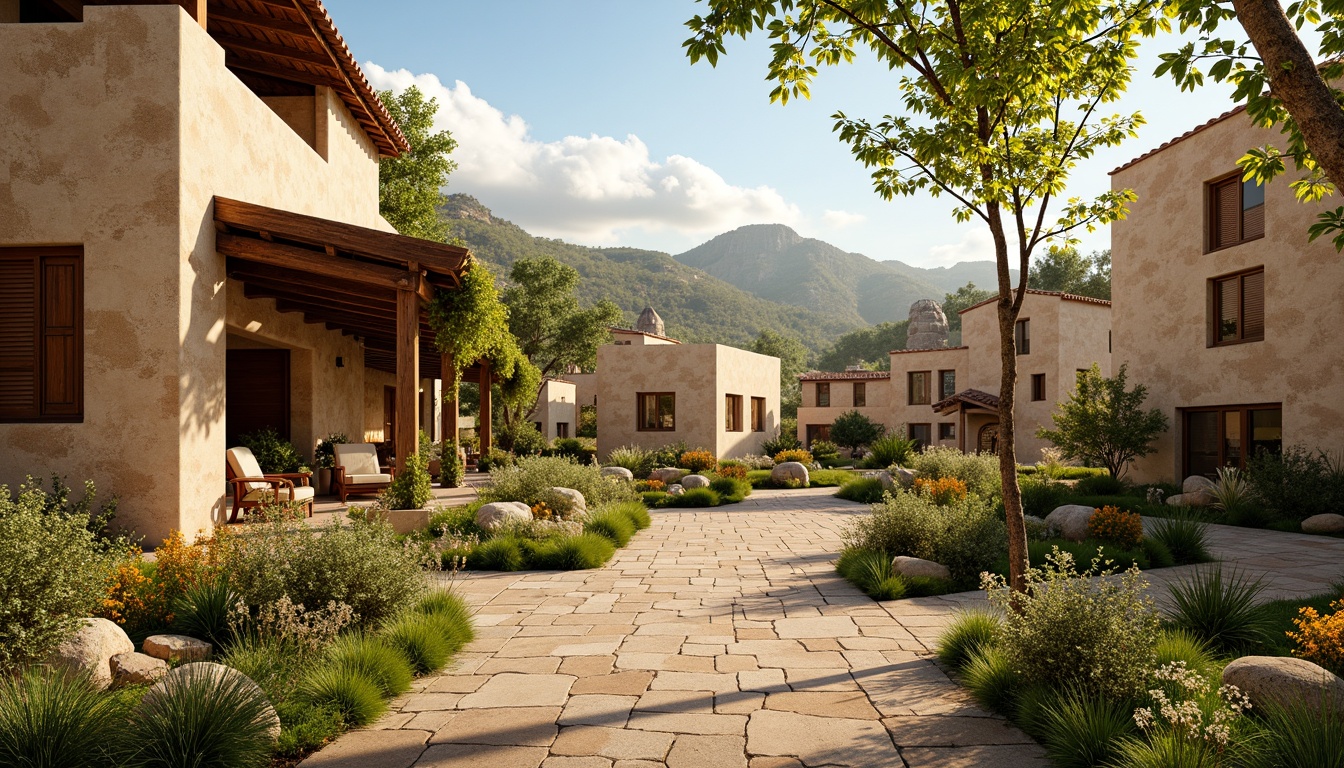 Prompt: Rustic village scene, earthy tones, warm beige, soft sienna, muted umber, natural wood textures, stone walls, terra cotta roofs, lush greenery, vibrant wildflowers, sunny afternoon, warm golden lighting, shallow depth of field, 3/4 composition, realistic brushstrokes, ambient occlusion.