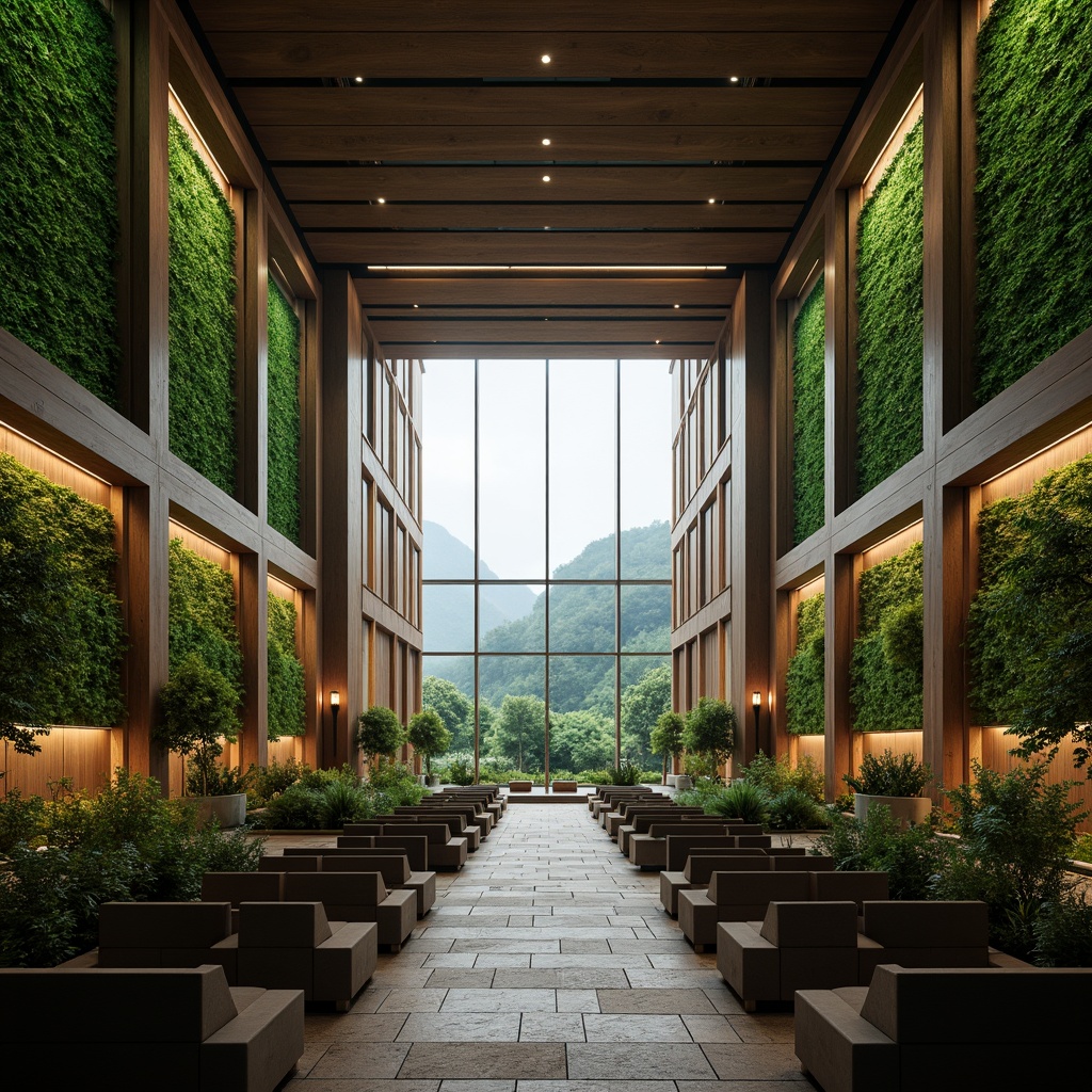 Prompt: Grand auditorium, lush green walls, natural stone flooring, wooden accents, curved lines, modern architecture, floor-to-ceiling windows, panoramic views, surrounding mountains, serene forest, misty atmosphere, soft warm lighting, 3/4 composition, realistic textures, ambient occlusion.