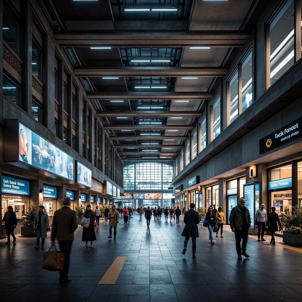 Prompt: Modern train station, grand high ceilings, sleek steel beams, futuristic lighting fixtures, bright LED strips, warm ambient glow, soft shadows, bustling atmosphere, rush hour crowds, urban cityscape, concrete architecture, industrial textures, dynamic signage, vibrant color schemes, 1/2 composition, shallow depth of field, realistic rendering, dramatic spotlighting.Please let me know if this meets your requirements!